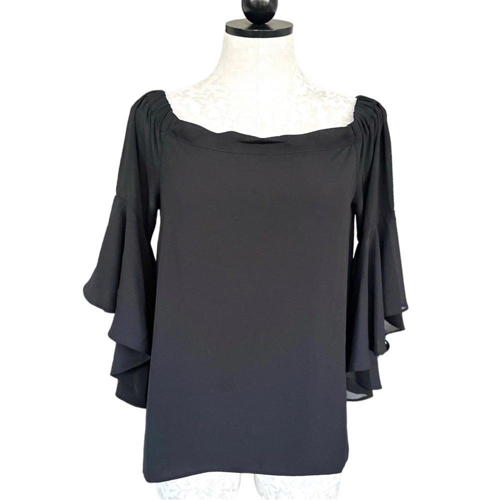 Lulu's Sheer Flutter Sleeve Blouse Drop Tail Lined Front Size Medium